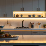A photograph of a beautifully illuminated kitchen showcasing under-cabinet lighting that highlights the countertops and creates a warm