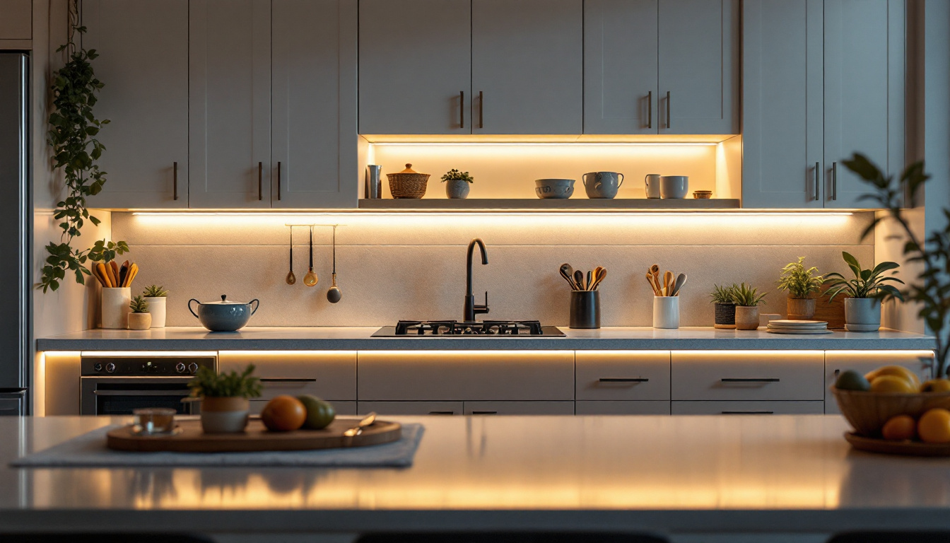 A photograph of a beautifully illuminated kitchen showcasing under-cabinet lighting that highlights the countertops and creates a warm