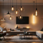 A photograph of capture a photograph of a modern lighting installation in a stylish residential or commercial space