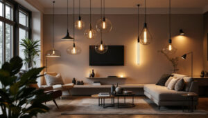 A photograph of capture a photograph of a modern lighting installation in a stylish residential or commercial space