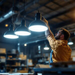 A photograph of a well-lit workshop or commercial space showcasing hardwired led shop lights in action
