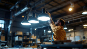 A photograph of a well-lit workshop or commercial space showcasing hardwired led shop lights in action