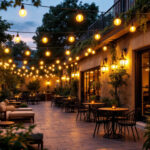 A photograph of a beautifully lit outdoor patio featuring stylish led lamps in various designs