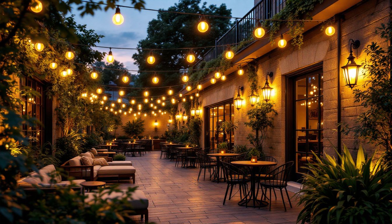 A photograph of a beautifully lit outdoor patio featuring stylish led lamps in various designs