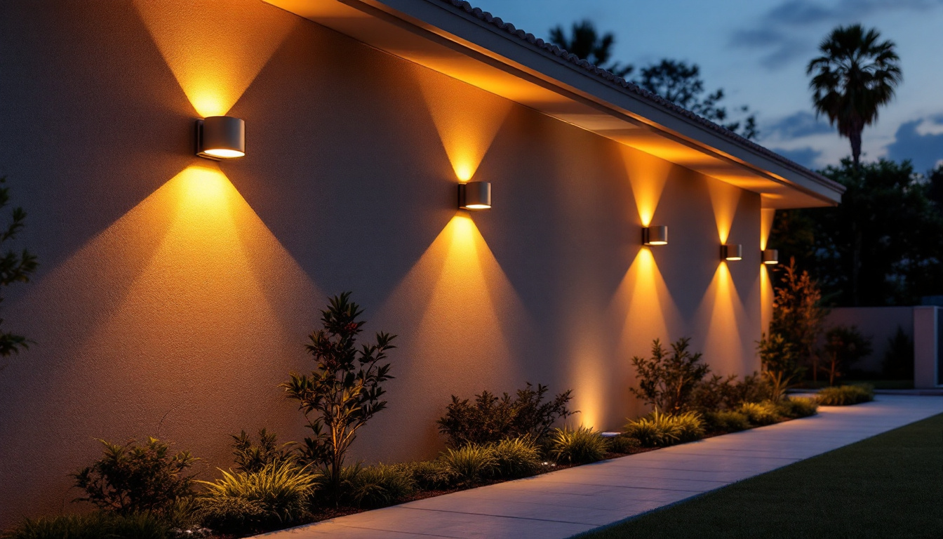 A photograph of a beautifully illuminated exterior wall of a home or building at dusk