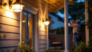 A photograph of a well-lit outdoor porch featuring modern led lights in action