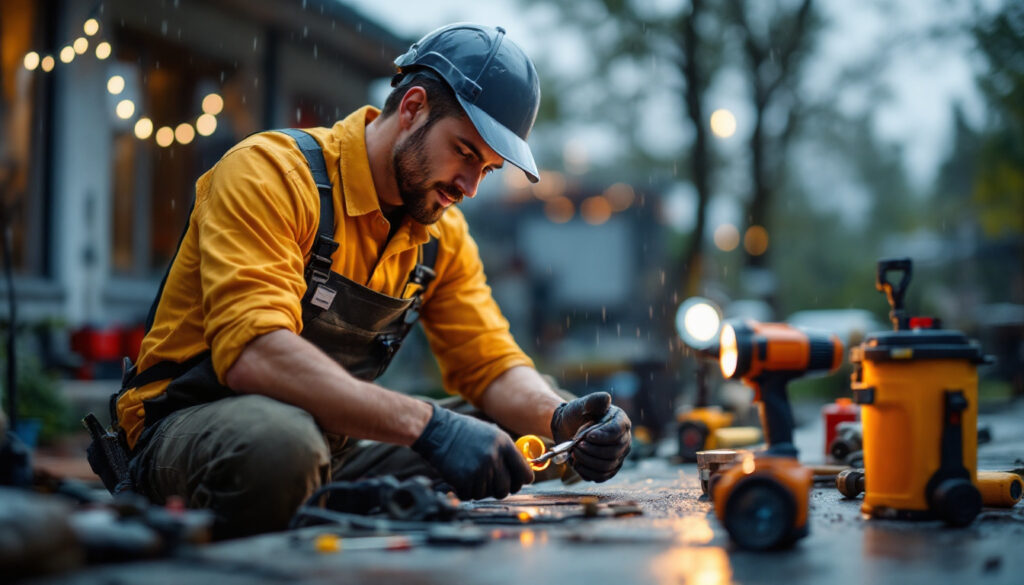 A photograph of a skilled lighting contractor installing weatherproof connectors in an outdoor setting