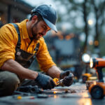 A photograph of a skilled lighting contractor installing weatherproof connectors in an outdoor setting