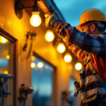 A photograph of a lighting contractor in action