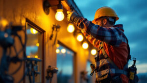A photograph of a lighting contractor in action