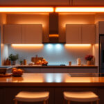 A photograph of a modern kitchen illuminated by vibrant fluorescent lighting