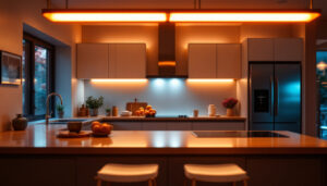 A photograph of a modern kitchen illuminated by vibrant fluorescent lighting