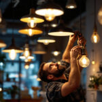 A photograph of a lighting contractor skillfully installing or adjusting various stylish light fixtures in a modern american outlet