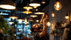 A photograph of a lighting contractor skillfully installing or adjusting various stylish light fixtures in a modern american outlet