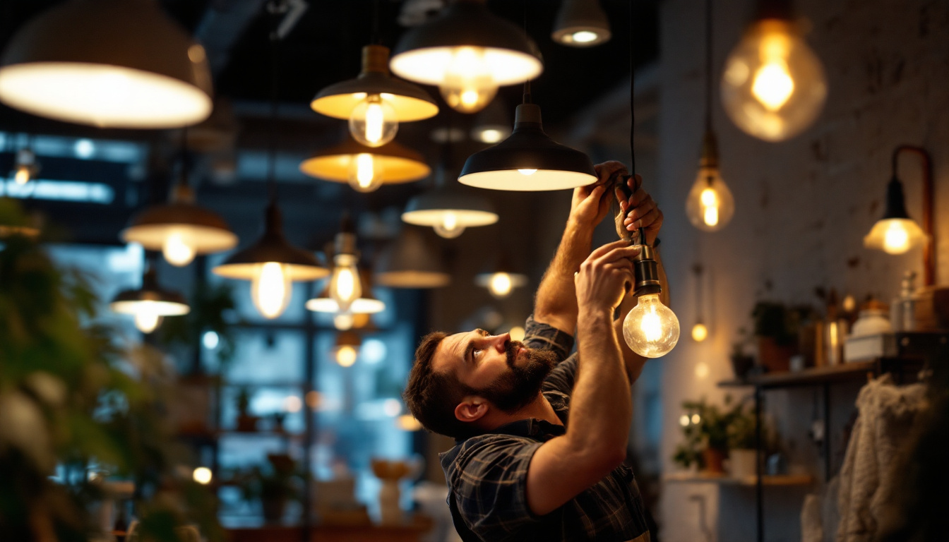 A photograph of a lighting contractor skillfully installing or adjusting various stylish light fixtures in a modern american outlet
