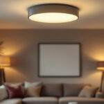 A photograph of a stylish flush-mounted light fixture installed in a modern living space