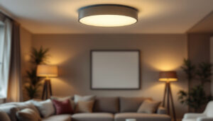 A photograph of a stylish flush-mounted light fixture installed in a modern living space