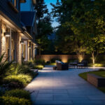 A photograph of a well-lit outdoor space featuring various styles of motion detector lights in action
