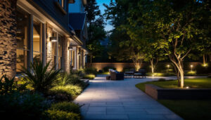 A photograph of a well-lit outdoor space featuring various styles of motion detector lights in action