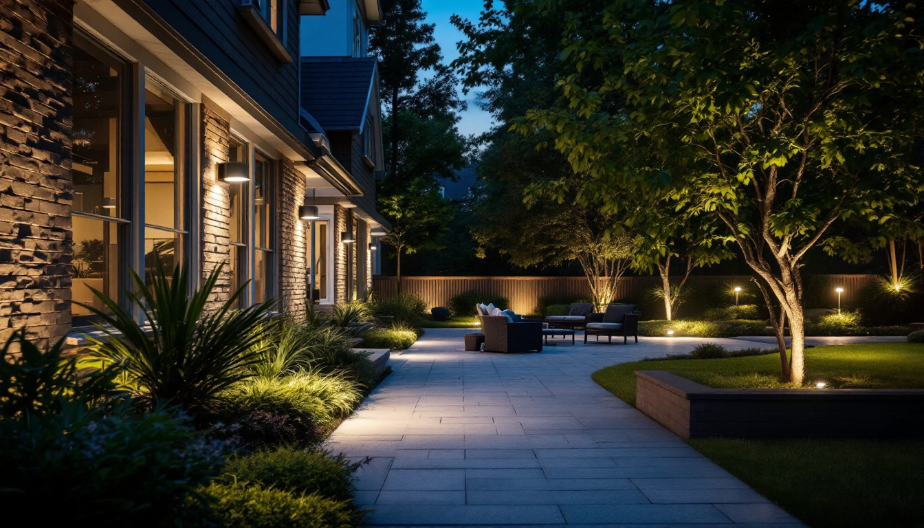 A photograph of a well-lit outdoor space featuring various styles of motion detector lights in action