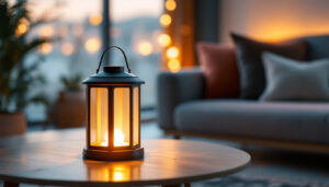 A photograph of a well-designed indoor solar lantern in a stylish living space
