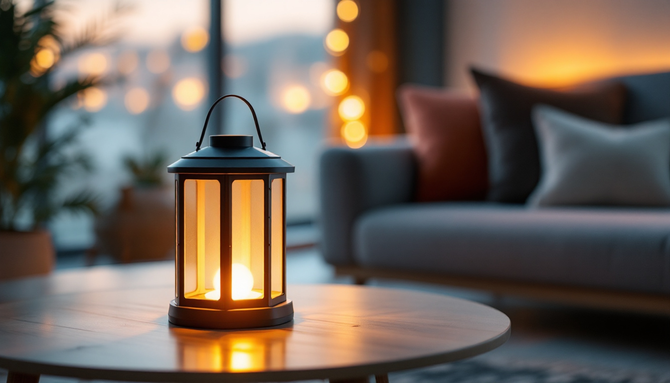 A photograph of a well-designed indoor solar lantern in a stylish living space