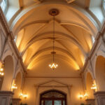 A photograph of a beautifully lit cathedral ceiling interior
