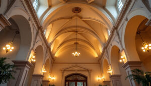 A photograph of a beautifully lit cathedral ceiling interior