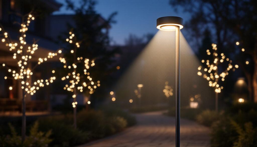 A photograph of a beautifully illuminated outdoor scene featuring a modern pole light