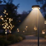 A photograph of a beautifully illuminated outdoor scene featuring a modern pole light