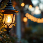 A photograph of capture a photograph of a beautifully restored vintage gas light fixture illuminating a charming outdoor setting