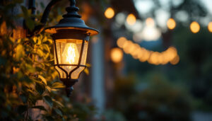 A photograph of capture a photograph of a beautifully restored vintage gas light fixture illuminating a charming outdoor setting