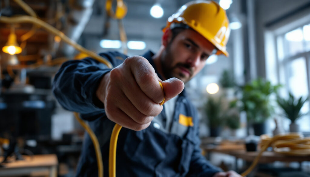 A photograph of a lighting contractor expertly handling a 120v power cord while installing or adjusting lighting fixtures in a well-lit