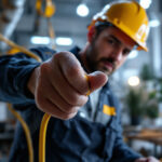 A photograph of a lighting contractor expertly handling a 120v power cord while installing or adjusting lighting fixtures in a well-lit