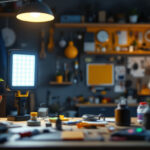 A photograph of a well-lit workspace featuring an emergency led light in action