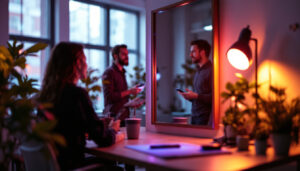 A photograph of a well-lit workspace featuring a team actively engaged in a training session on led lights