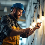 A photograph of a lighting contractor in action