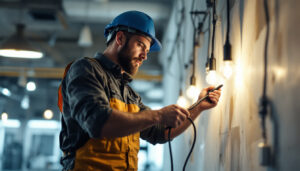 A photograph of a lighting contractor in action