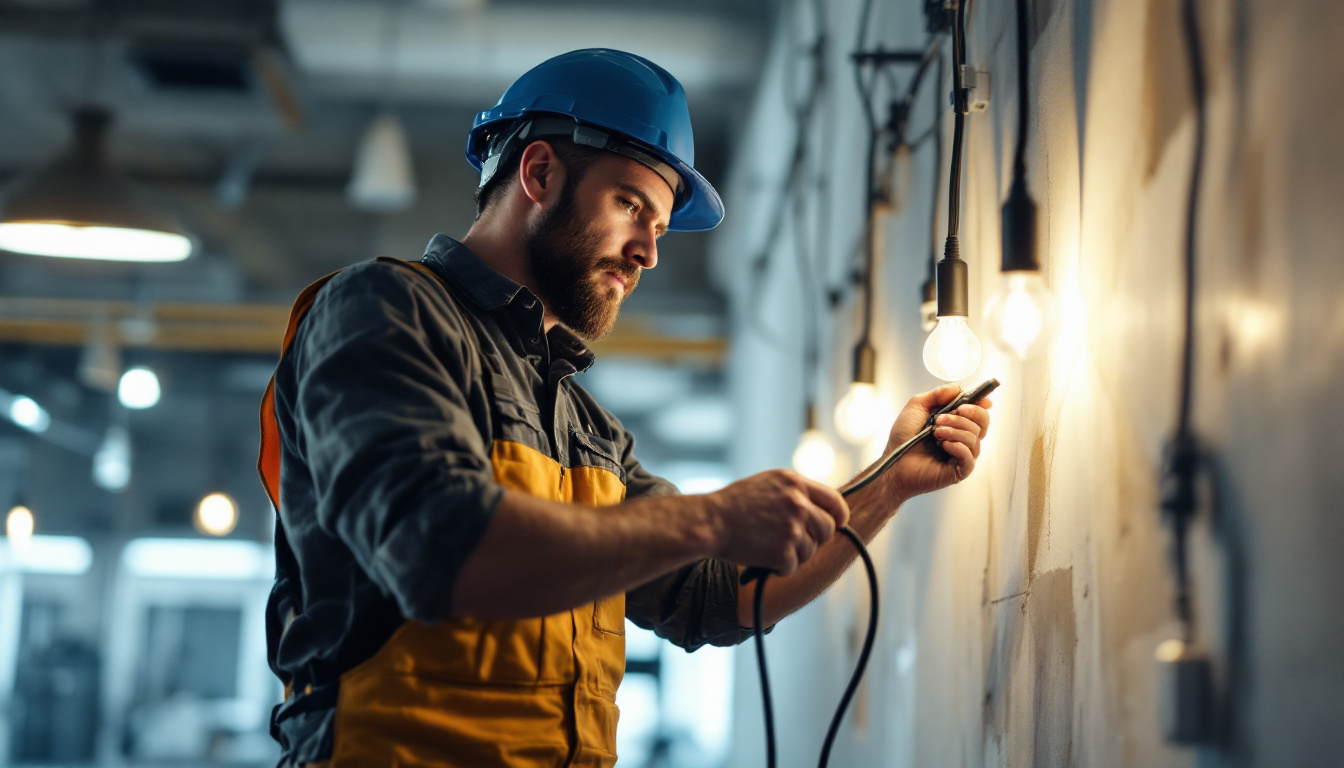 A photograph of a lighting contractor in action