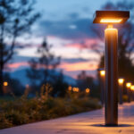 A photograph of a row of stylish bollards equipped with solar lights illuminating a pathway at dusk