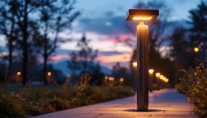A photograph of a row of stylish bollards equipped with solar lights illuminating a pathway at dusk