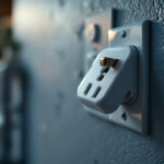 A photograph of a close-up of a securely locked plug in an electrical outlet