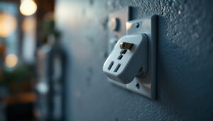 A photograph of a close-up of a securely locked plug in an electrical outlet