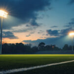 A photograph of a well-lit football field at dusk