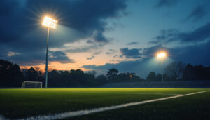 A photograph of a well-lit football field at dusk