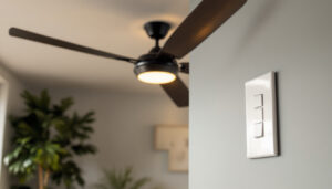 A photograph of a stylish ceiling fan and light wall switch in a well-lit room