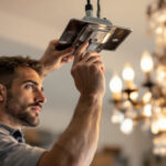 A photograph of a skilled lighting contractor expertly installing a chandelier using a sturdy mounting bracket