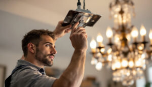 A photograph of a skilled lighting contractor expertly installing a chandelier using a sturdy mounting bracket