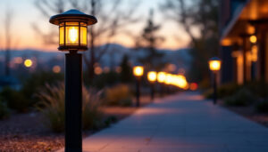 A photograph of a beautifully illuminated bollard light in an outdoor setting