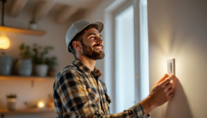 A photograph of a lighting contractor installing a motion light switch in a residential setting